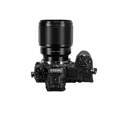 Viltrox AF 85mm Sony E lens on a Nikon Z camera with the E-Z adapter, top view