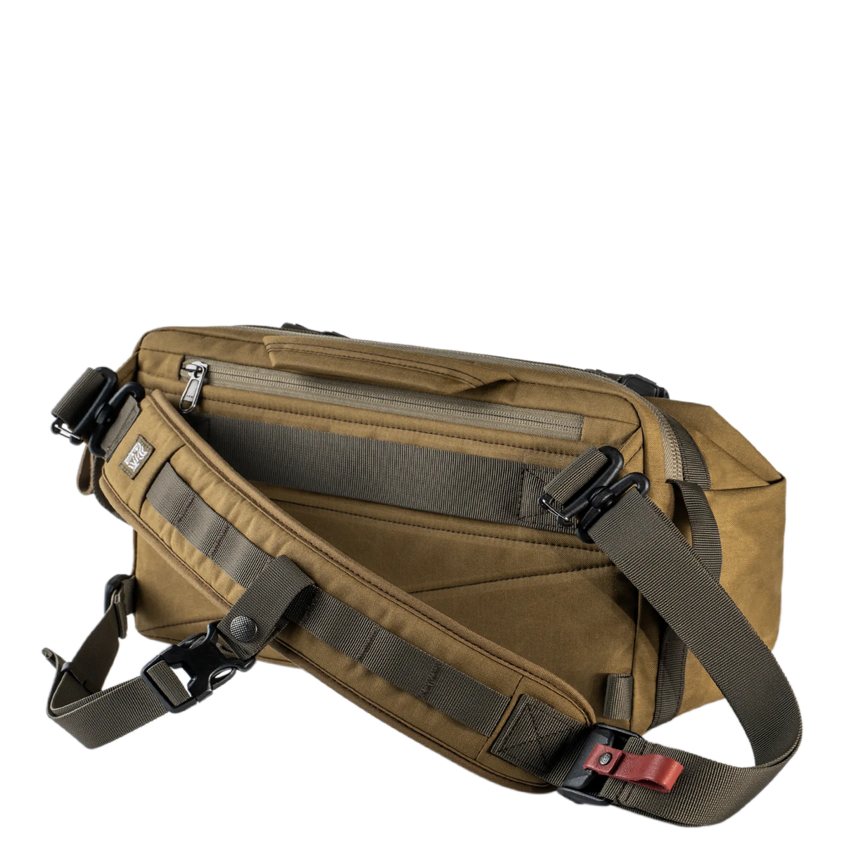 Wotancraft Easy Rider khaki bag, rear view with padded strap and red quick-release
