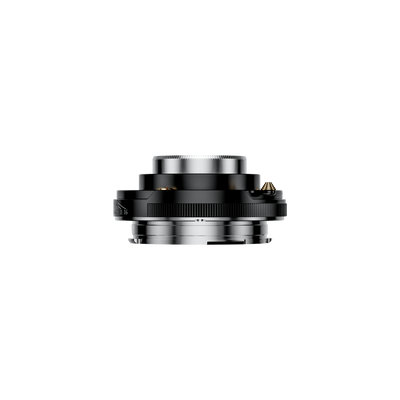 Thypoch Eureka 28mm f/2.8 black pancake lens, side profile showing how thin it is