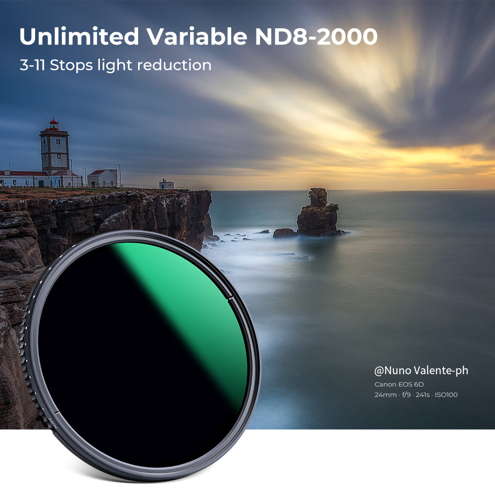 K&F Concept variable ND8-2000 filter with a long exposure seascape and lighthouse