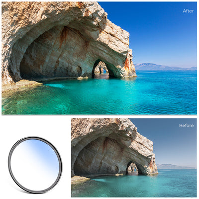 Sea cave with turquoise water before and after a UV filter
