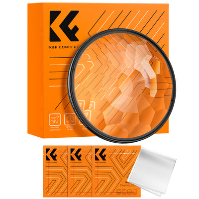K&F Concept kaleidoscope effect filter in front of its orange box, with cleaning cloths