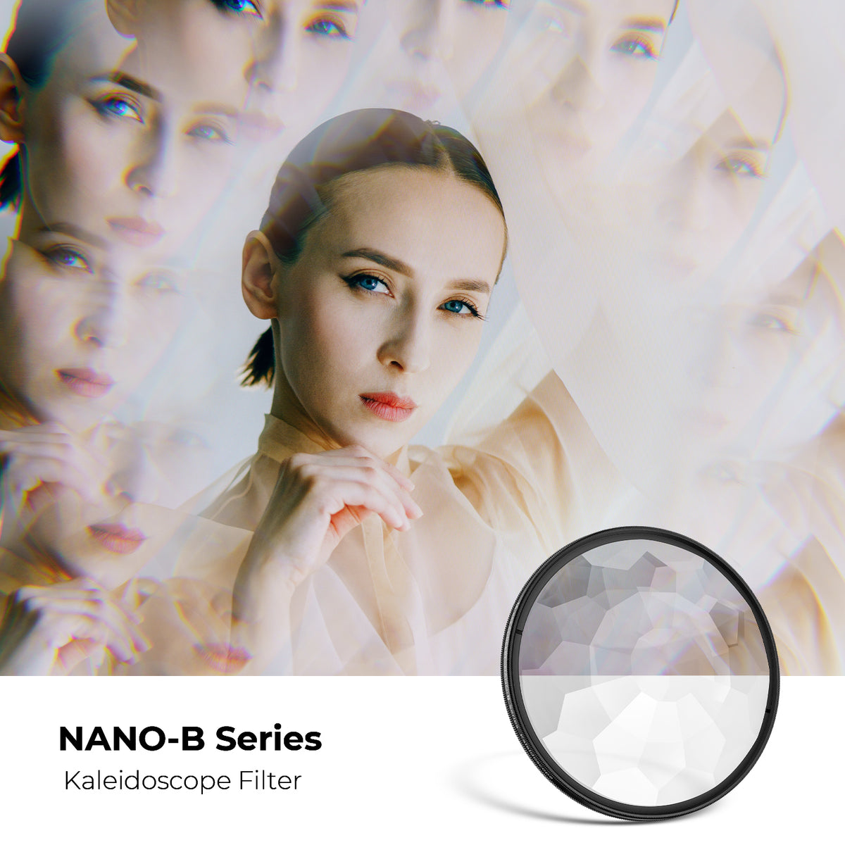 K&F Concept Nano-B kaleidoscope filter and a portrait with repeated mirrored faces