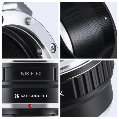 K&F Concept NIK F-FX adapter details: release lever, inner barrel and index dot