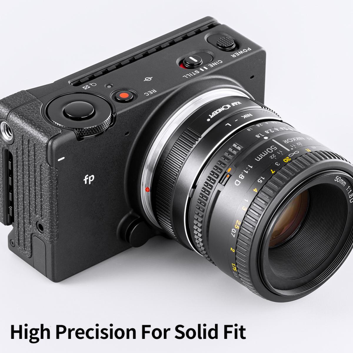 K&F Concept NIK-L adapter fitted with a Nikon 50mm f/1.8D lens on a Sigma fp
