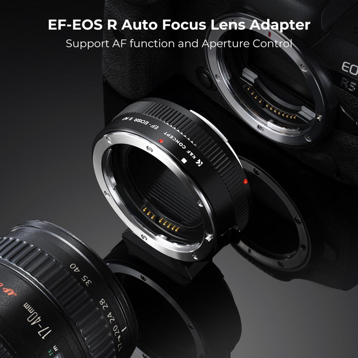 K&F Concept EF to EOS R autofocus adapter between a Canon EF lens and an EOS R camera