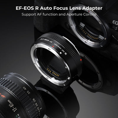 K&F Concept EF to EOS R autofocus adapter between a Canon EF lens and an EOS R camera