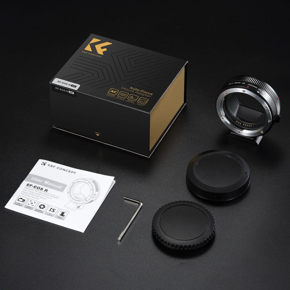 K&F Concept EF to EOS R AF adapter kit with box, caps, hex key and manual