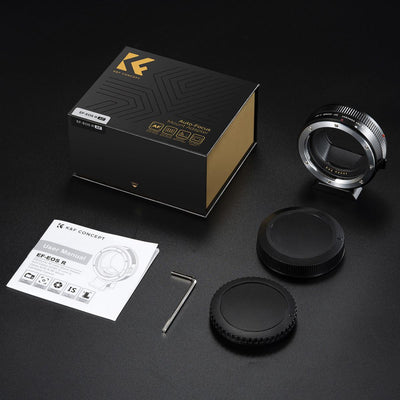 K&F Concept EF to EOS R AF adapter kit with box, caps, hex key and manual