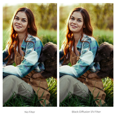 Portrait without filter and with black diffusion 1/4 filter, woman with a puppy