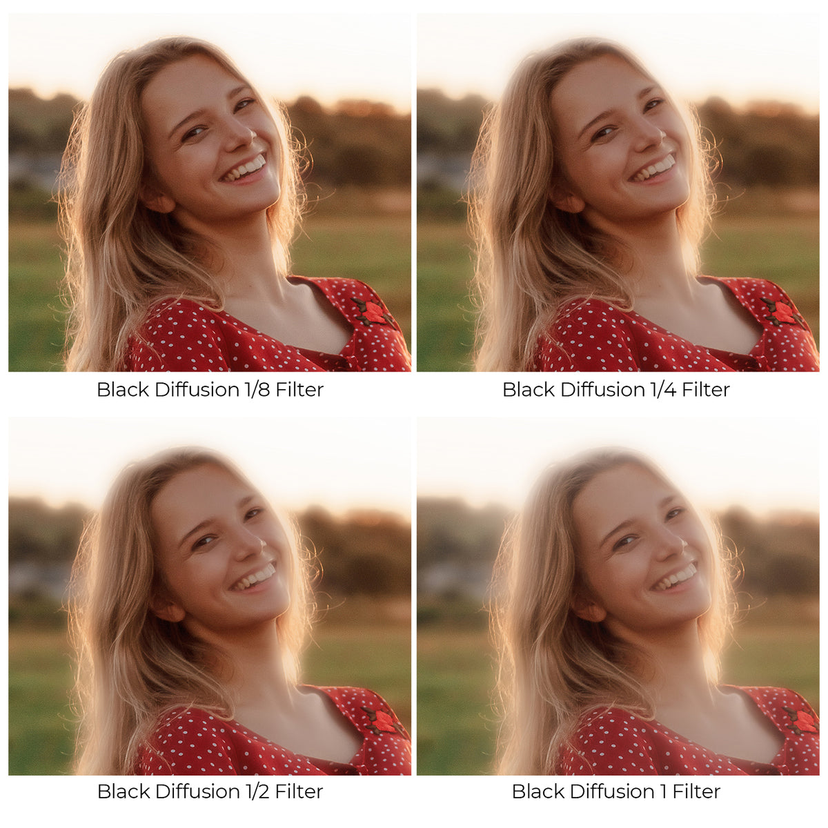 Black diffusion strength comparison: 1/8, 1/4, 1/2 and 1 on a smiling portrait