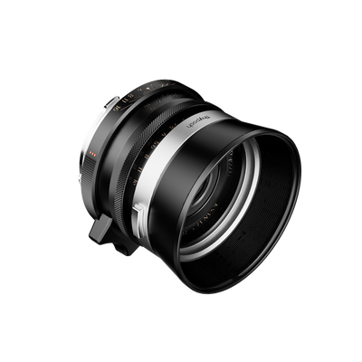 Thypoch Ksana 35mm f/2 black lens with round lens hood fitted