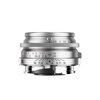 Thypoch Ksana 35mm f/2 silver Leica M lens, side view with focus tab