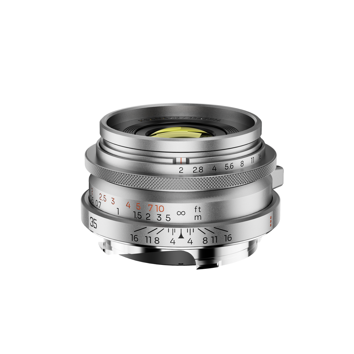 Thypoch Ksana 35mm f/2 Leica M lens in silver, front view with scales