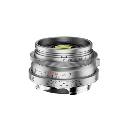 Thypoch Ksana 35mm f/2 Leica M lens in silver, front view with scales