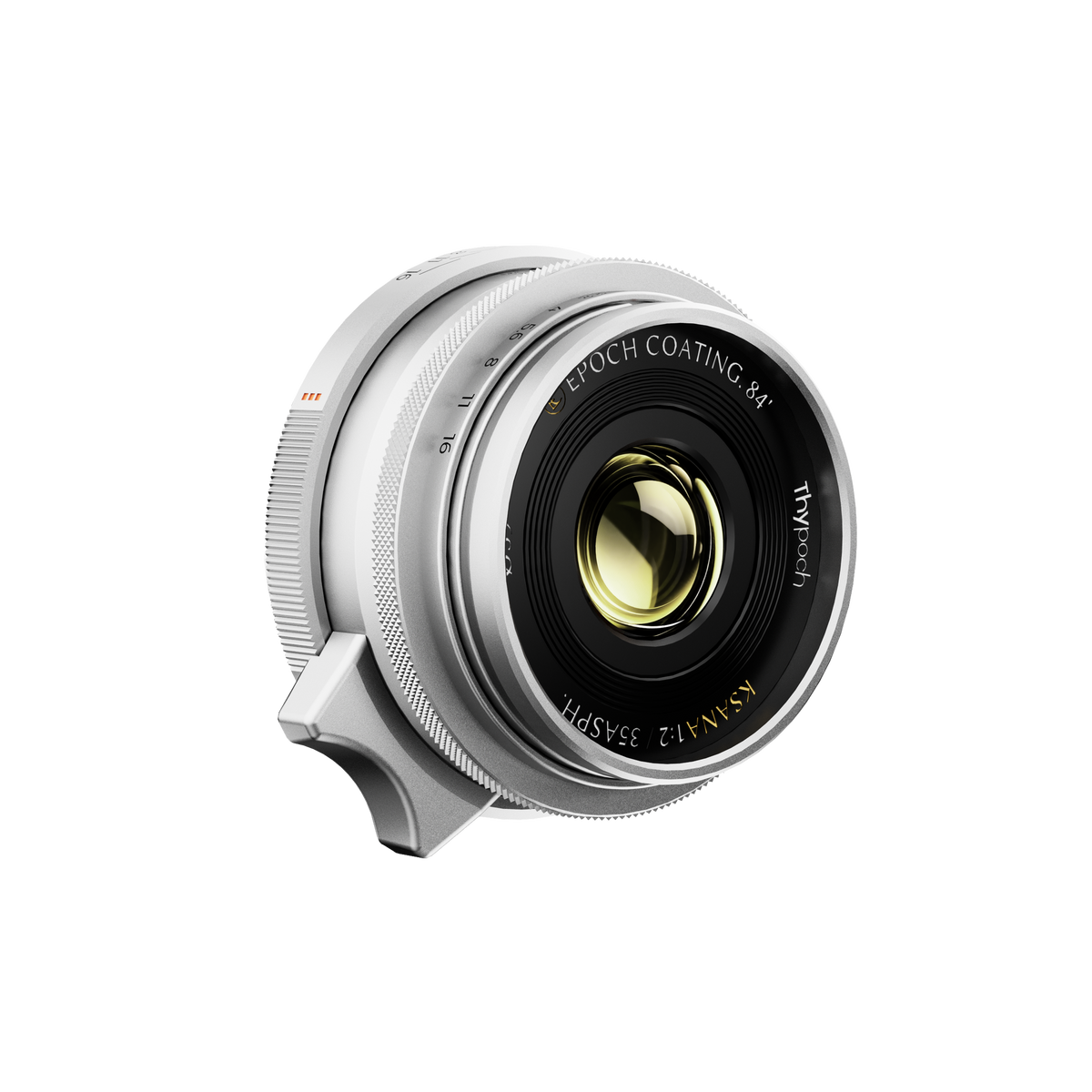 Thypoch Ksana 35mm f/2 silver Leica M lens, angled view of the Epoch coated front element