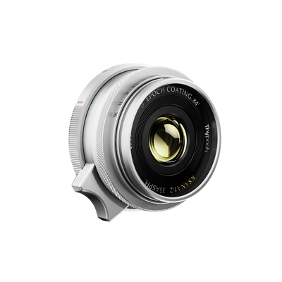 Thypoch Ksana 35mm f/2 silver Leica M lens, angled view of the Epoch coated front element