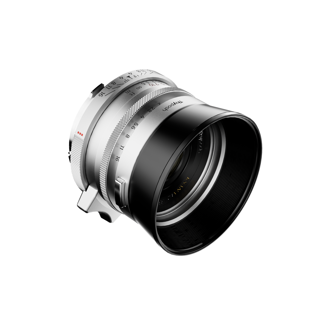 Thypoch Ksana 35mm f/2 silver lens with round lens hood fitted