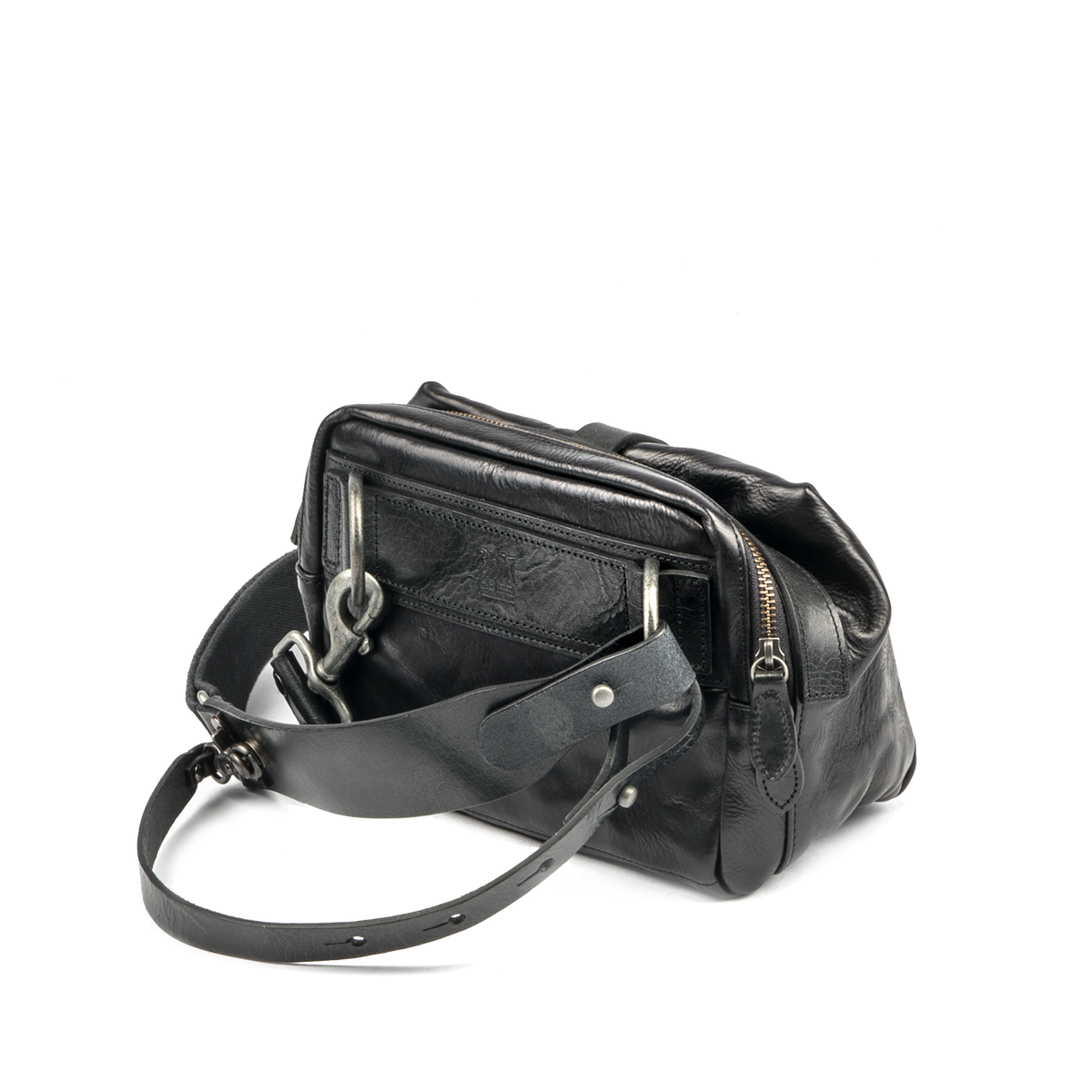 Wotancraft Mini Rider black leather sling bag with shoulder strap and swivel clips