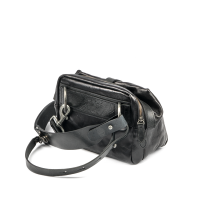 Wotancraft Mini Rider black leather sling bag with shoulder strap and swivel clips