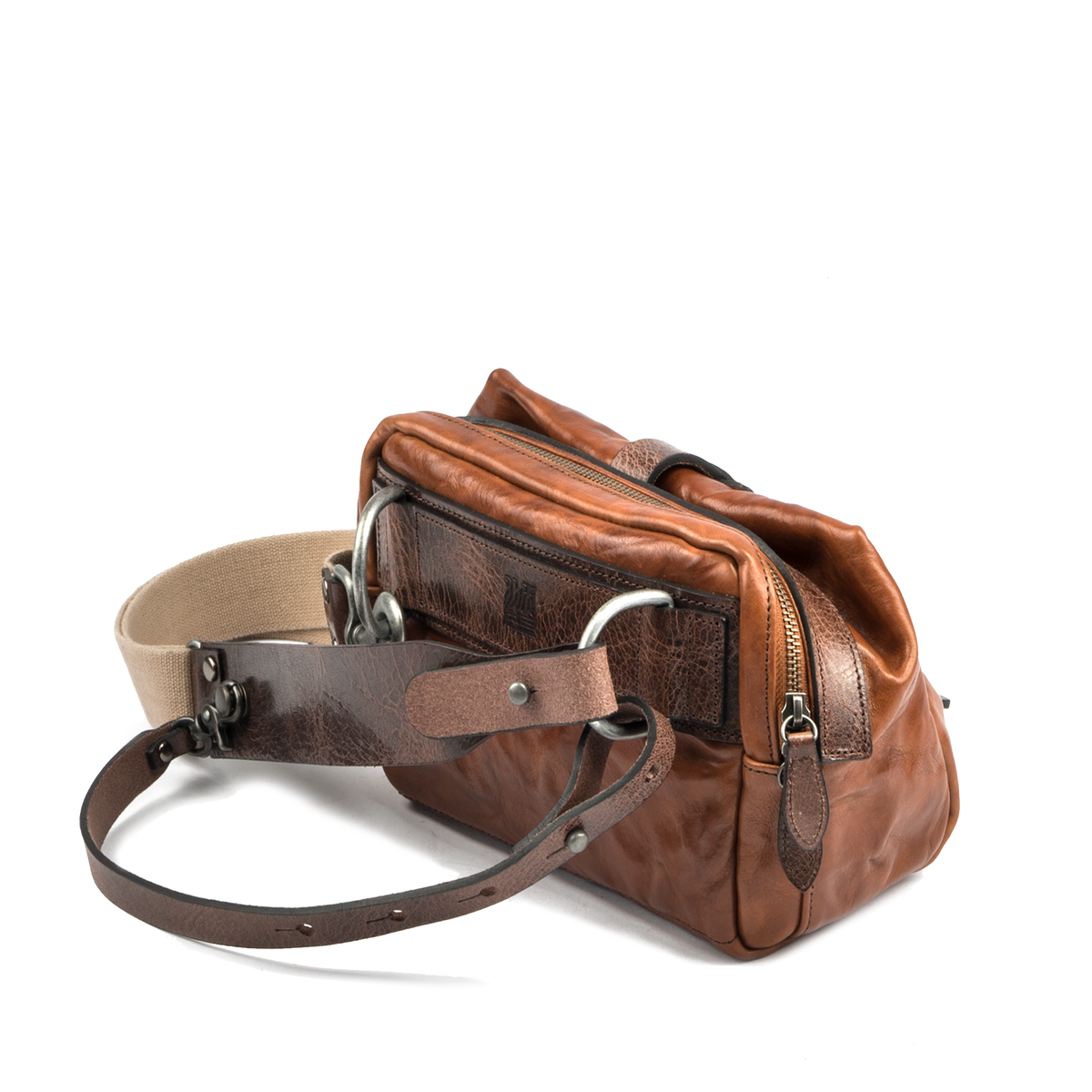 Wotancraft Mini Rider brown leather bag with leather and canvas shoulder straps
