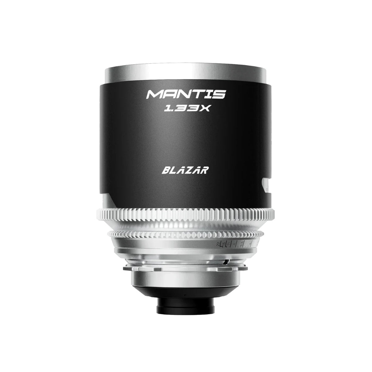 Blazar Mantis 1.33x anamorphic lens, front view with logo