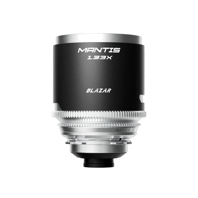 Blazar Mantis 1.33x anamorphic lens, front view with logo