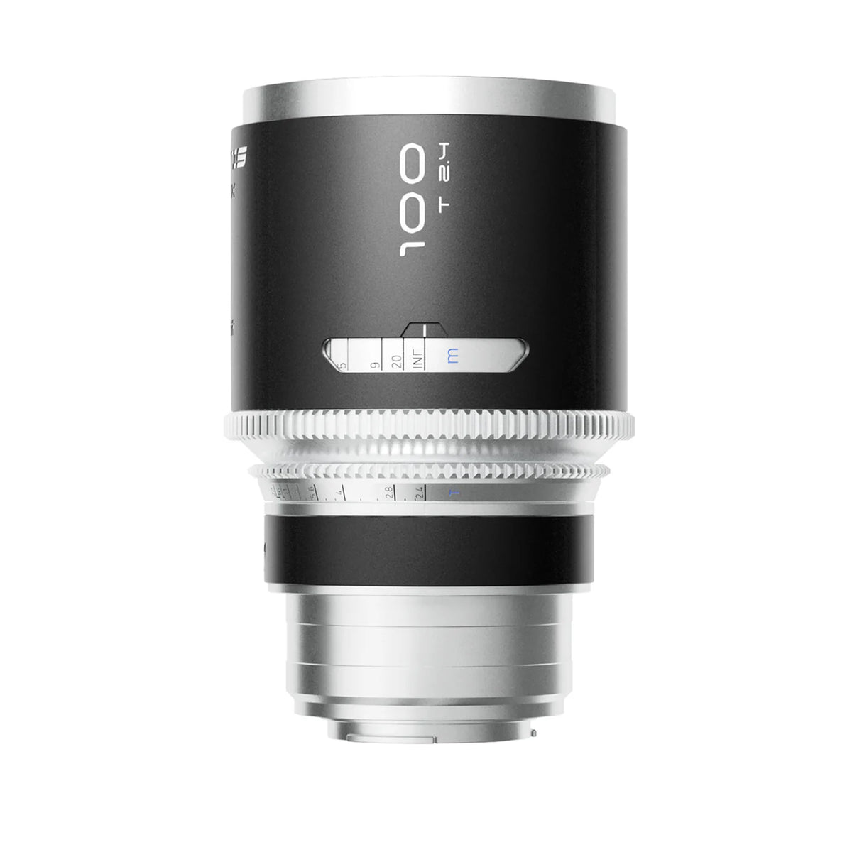 Blazar Mantis 100mm T2.4 anamorphic lens with silver mount, scales facing forward