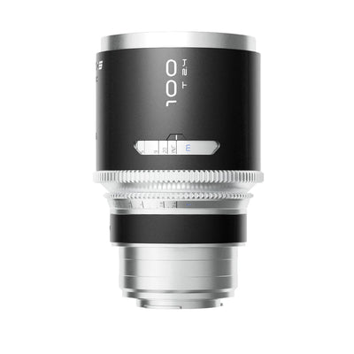 Blazar Mantis 100mm T2.4 anamorphic lens with silver mount, scales facing forward