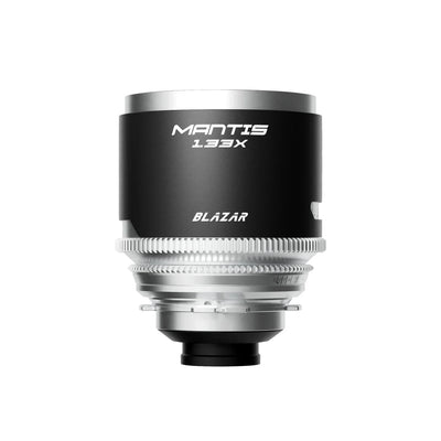 Blazar Mantis 1.33x anamorphic lens, front view with logo
