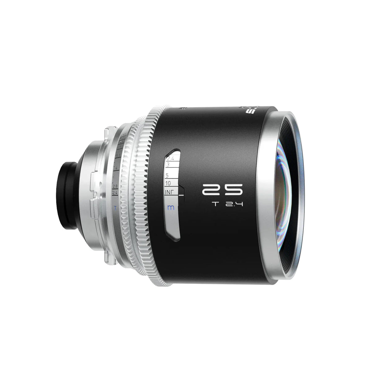 Blazar Mantis 25mm T2.4 anamorphic lens, angled view of the front element
