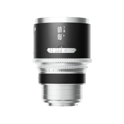 Blazar Mantis 25mm T2.4 anamorphic lens with silver mount, scales facing forward