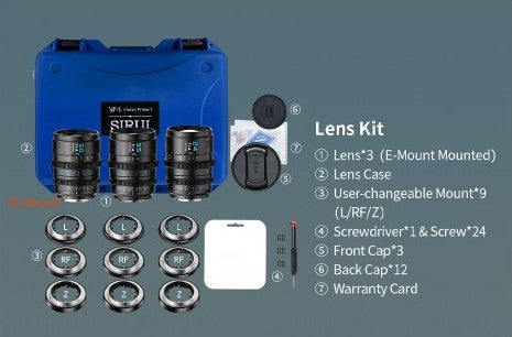 Sirui Vision Prime T1.4 lens kit contents: 3 lenses, hard case, L, RF and Z mounts, caps and tools