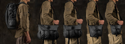 Wotancraft Pilot camera bags in different sizes worn by a man, side view