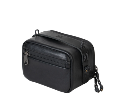 Wotancraft portable camera pouch in black leather, large size, angled view