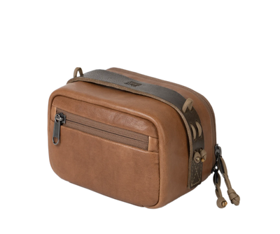 Wotancraft portable camera pouch in brown leather, angled view