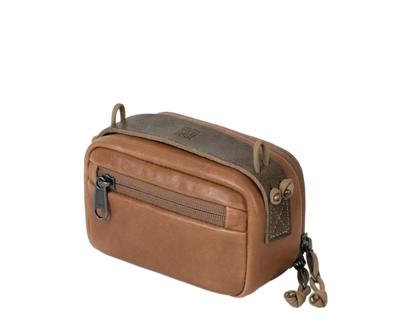 Wotancraft portable camera pouch in brown leather, medium size, angled view