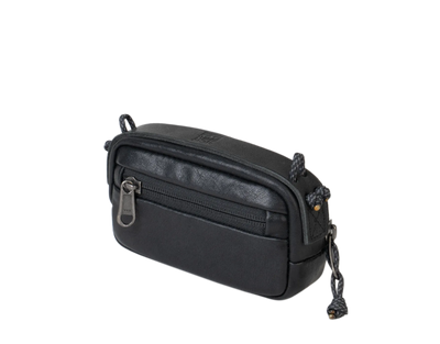 Wotancraft portable camera pouch in black leather, small size, angled view