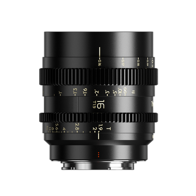 Thypoch Simera-C 16mm T1.9 cine lens, side view with focus and iris scales