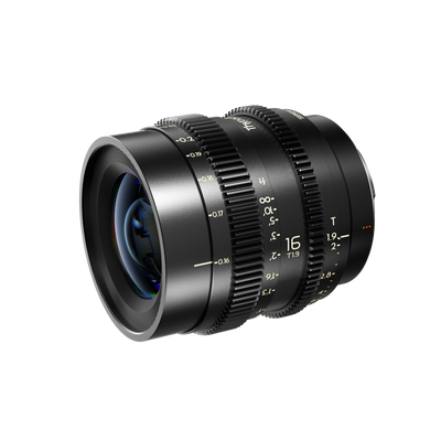 Thypoch Simera-C 16mm cine lens, angled view with focus and iris scales