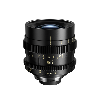 Thypoch Simera-C 16mm T1.9 full-frame cine lens with gold scales, front view