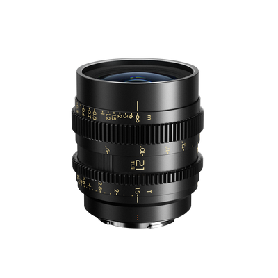 Thypoch Simera-C 21mm T1.5 full-frame cine lens with gold scales, front view