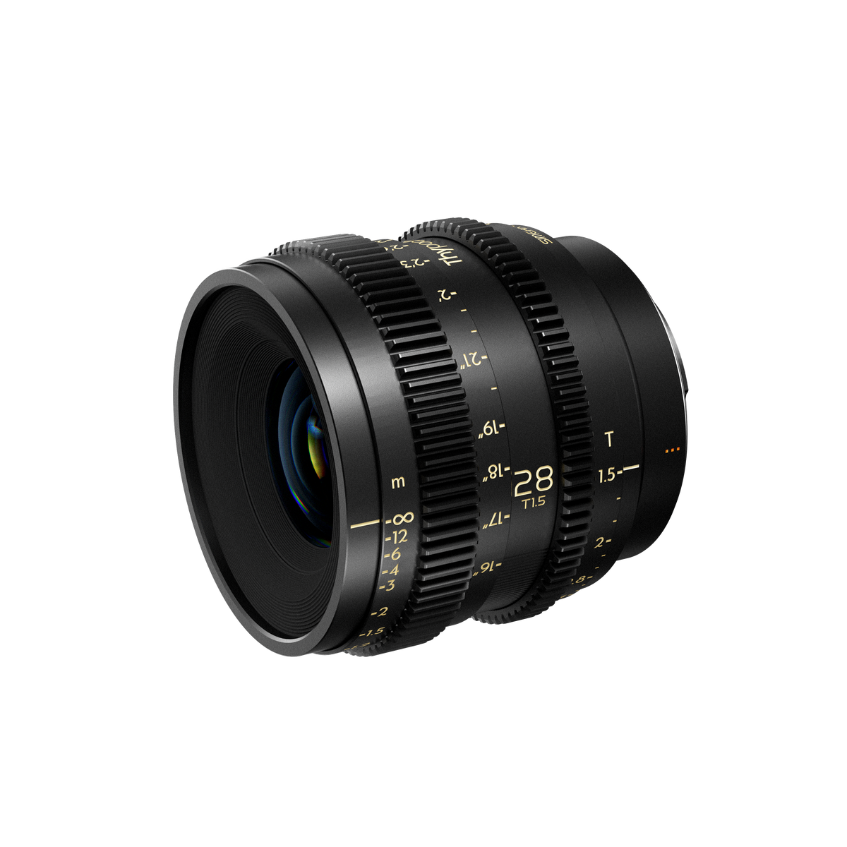 Thypoch Simera-C 28mm T1.5 cine lens, angled view of the front element and gear rings