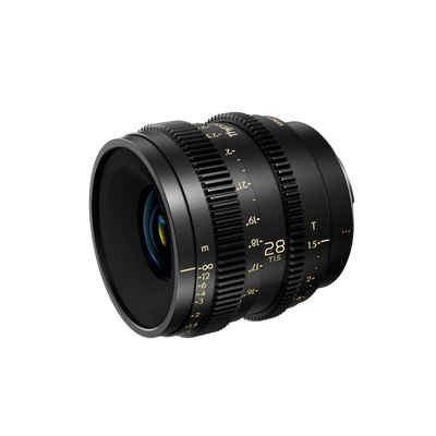 Thypoch Simera-C 28mm T1.5 cine lens, angled view of the front element and gear rings