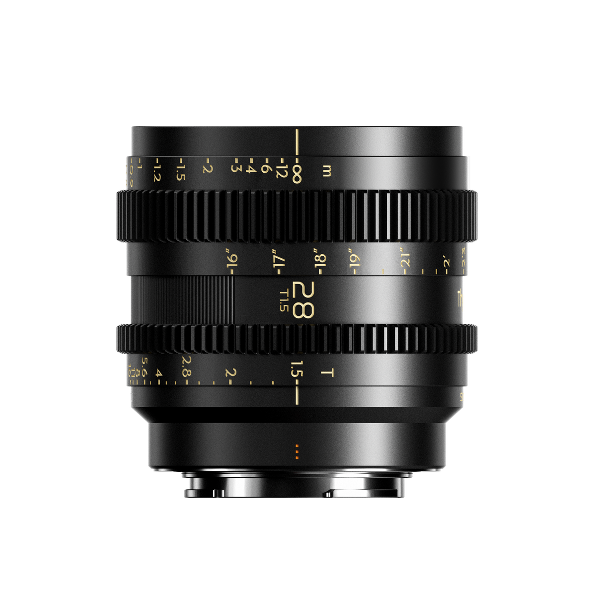 Thypoch Simera-C 28mm T1.5 cine lens side view with feet and metre focus scales