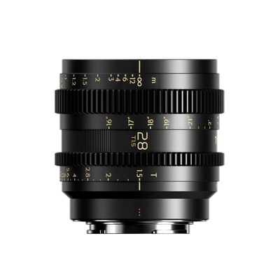 Thypoch Simera-C 28mm T1.5 cine lens side view with feet and metre focus scales