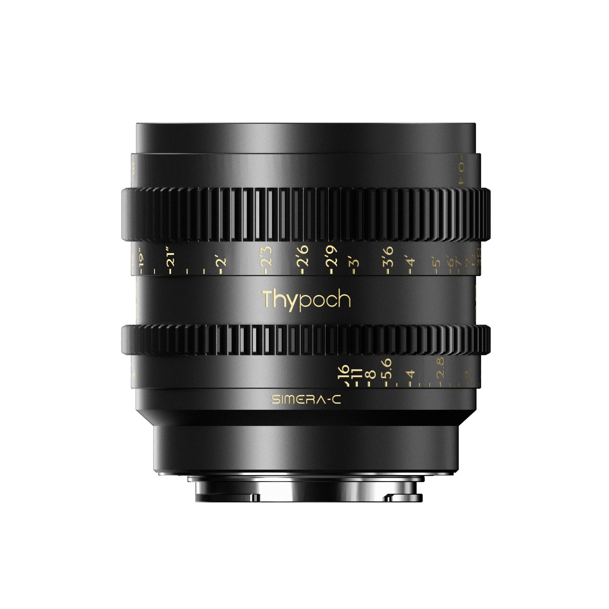 Thypoch Simera-C 28mm full-frame cine lens, side view with Thypoch logo and iris scale