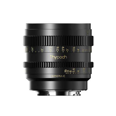 Thypoch Simera-C 28mm full-frame cine lens, side view with Thypoch logo and iris scale