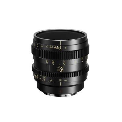 Thypoch Simera-C 35mm T1.5 full-frame cine lens with gold focus and iris scales, front view