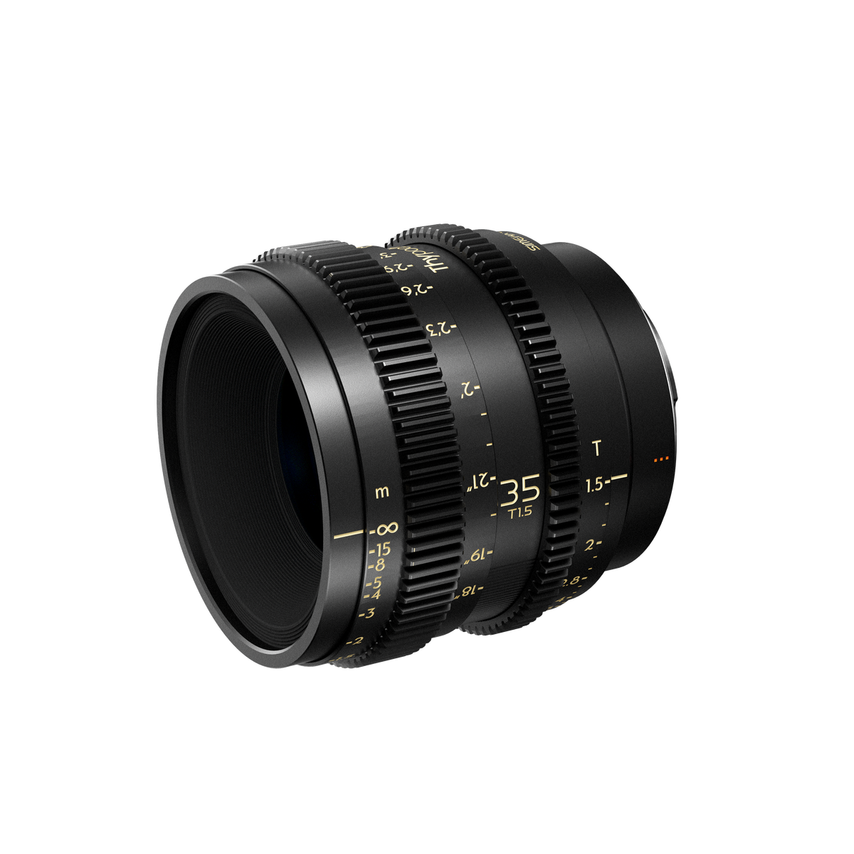 Thypoch Simera-C 35mm T1.5 cine lens, angled view of the front element and gear rings